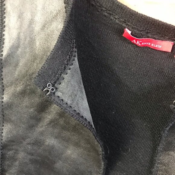 Anne Klein Vintage Y2K Wool Leather Cardigan Sweater Jacket Top Soft Black XL - Picture 10 of 16